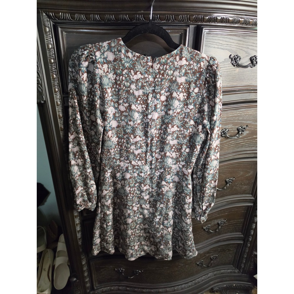 Sunday Best Aritzia Brown Floral V-Neck Long Sleeve Mini Dress Size 6 - Picture 3 of 6